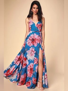 NWT Lulu’s Always There For Me Blue Floral Print Wrap Maxi Dress (L)